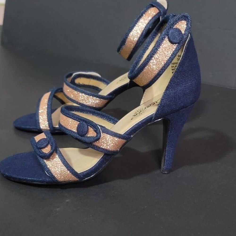 Stiletto Heel Sandal Blue Denim Gold Strappy Evening Beacon Romana II 9.5M